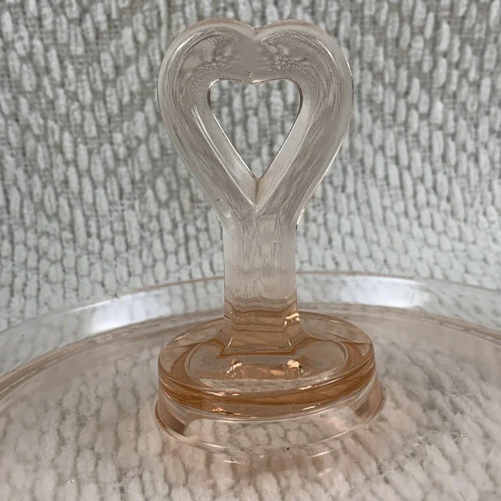 Pink‎ Depression Glass Heart Shaped Handle Candy Nut Tray Dish Trinket Jewelry